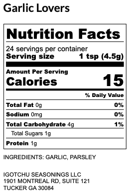 Garlic Lovers seasoning – nutrition facts panel