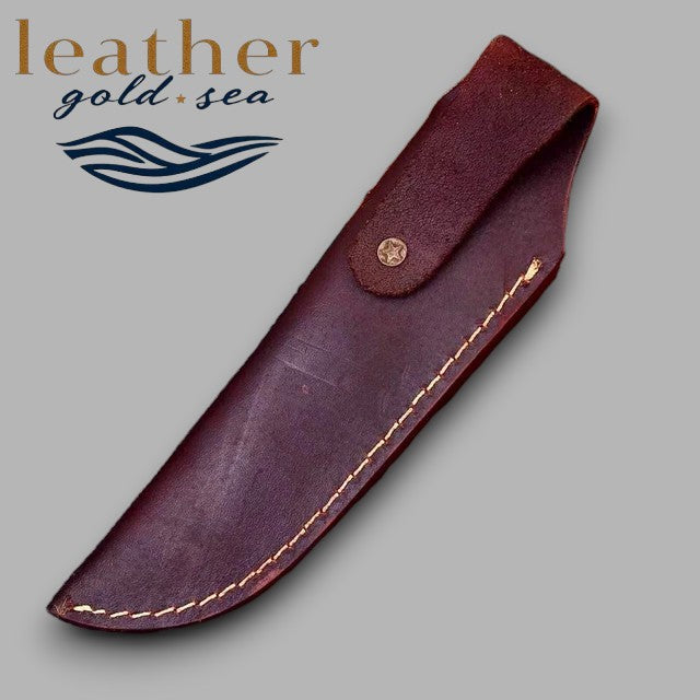 Rear snap strap on brown leather knife sheath