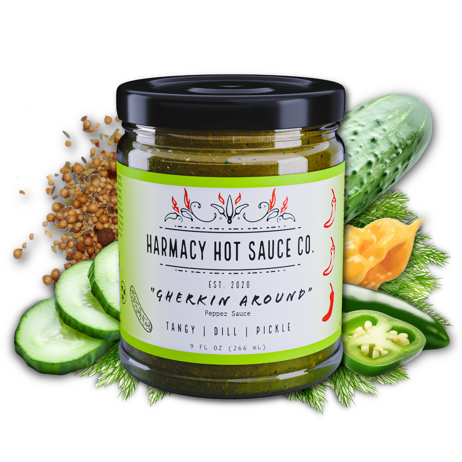 Gherkin Around dill pickle hot sauce jar with cucumber, dill and peppers