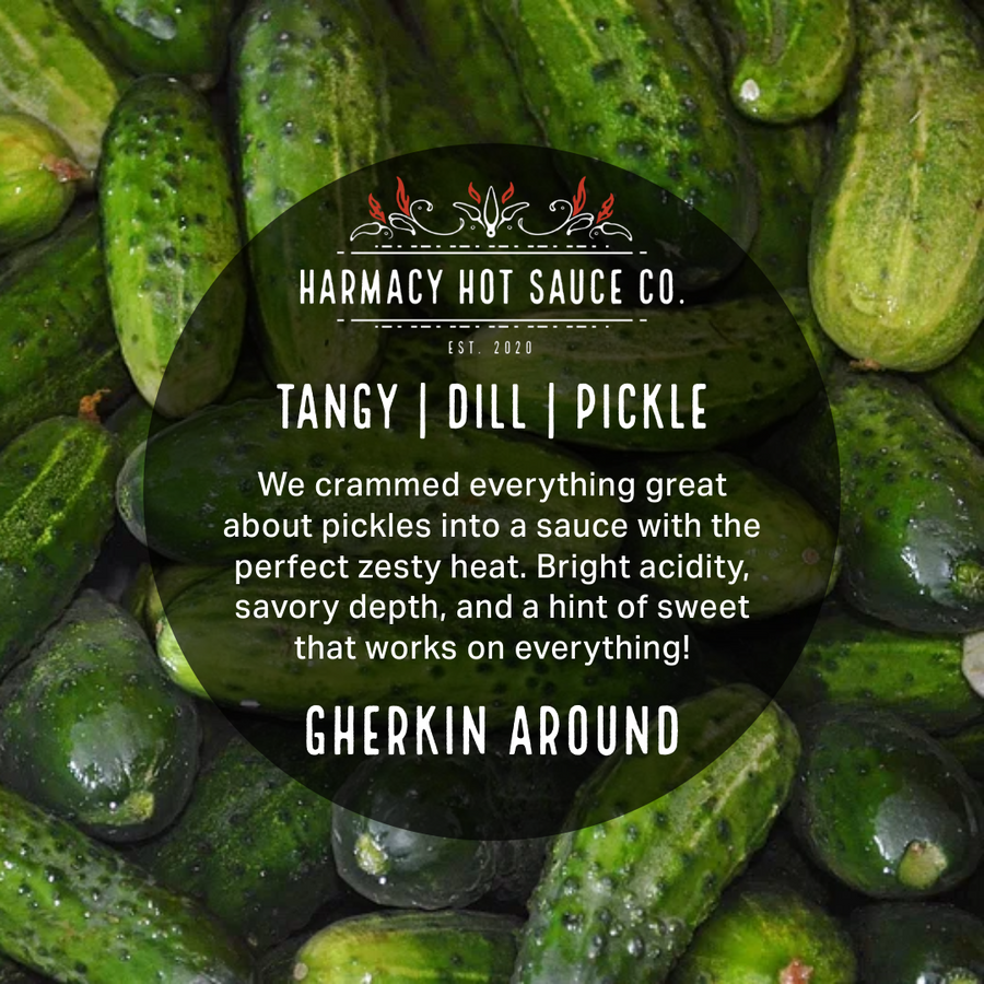 Gherkin Around flavor card over sliced dill pickles