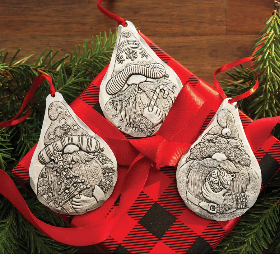 Styled display featuring Gnome Christmas Ornament Set - 3 Piece