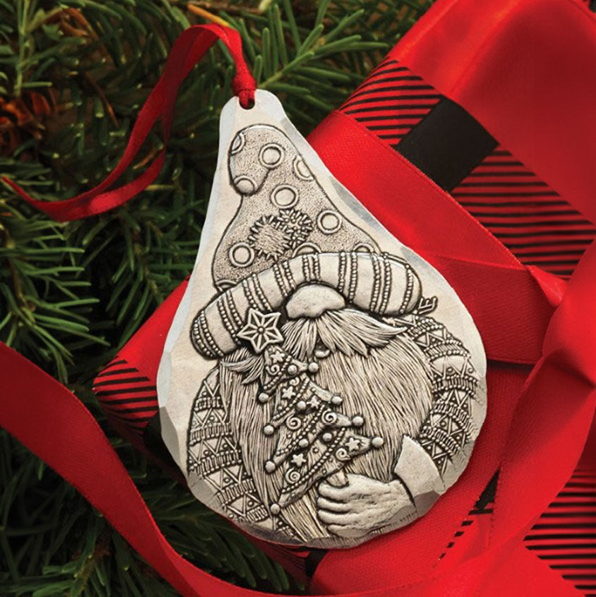 Styled display featuring Christmas Tree Gnome Ornament