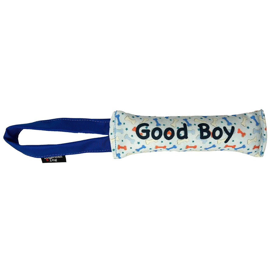Good Boy fire hose dog tug with bone and star print and blue handle
