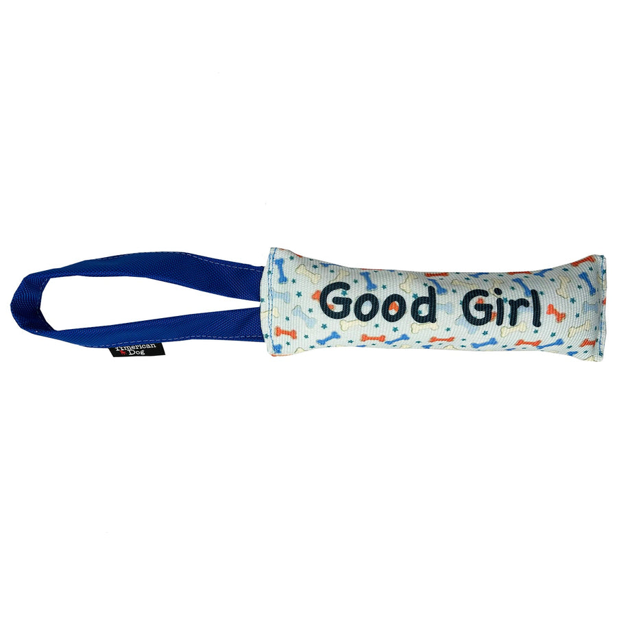 Good Girl fire hose dog tug with bone and star print and blue handle