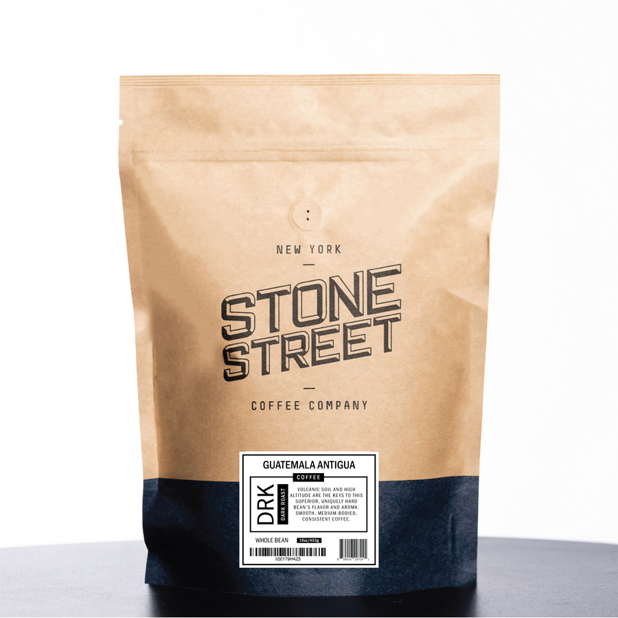 Front of the Stone Street Guatemala Antigua coffee bag with its product label visible