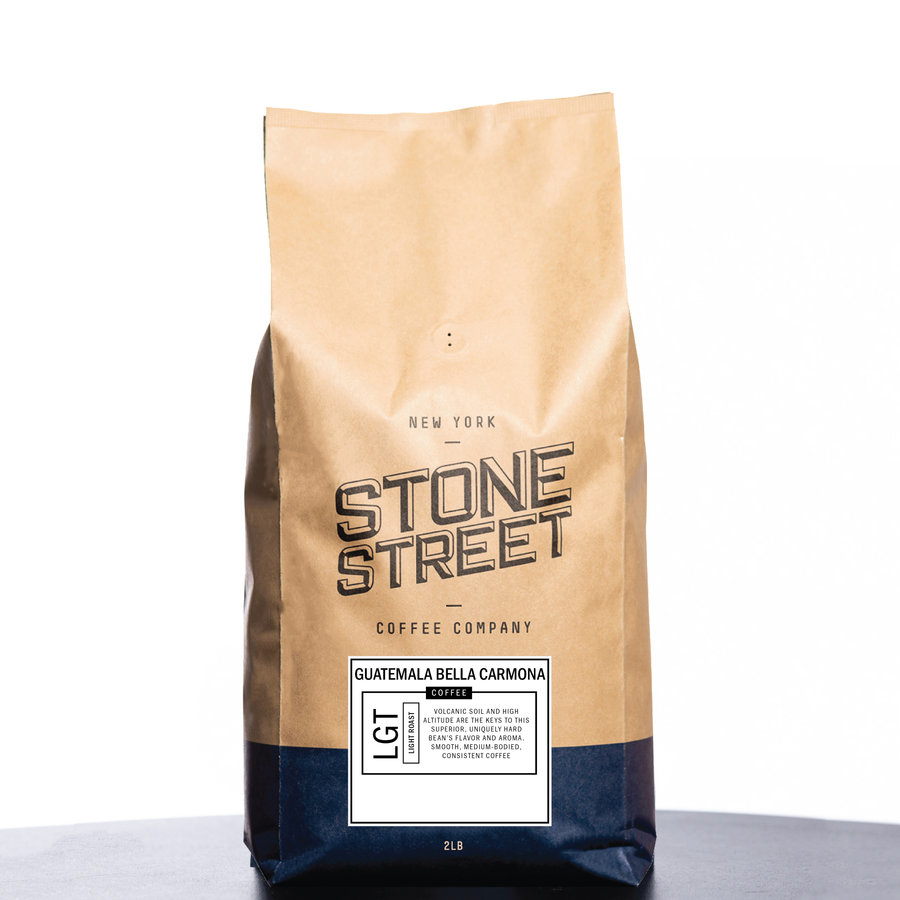 Front of the Stone Street Guatemala Bella Carmona coffee bag with its product label visible