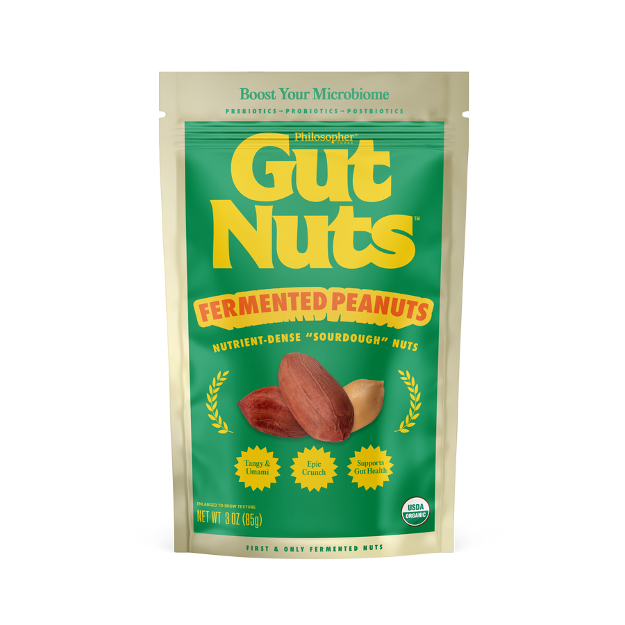 Product packaging for Gut Nuts Fermented Peanuts – Tangy Crunchy Snack