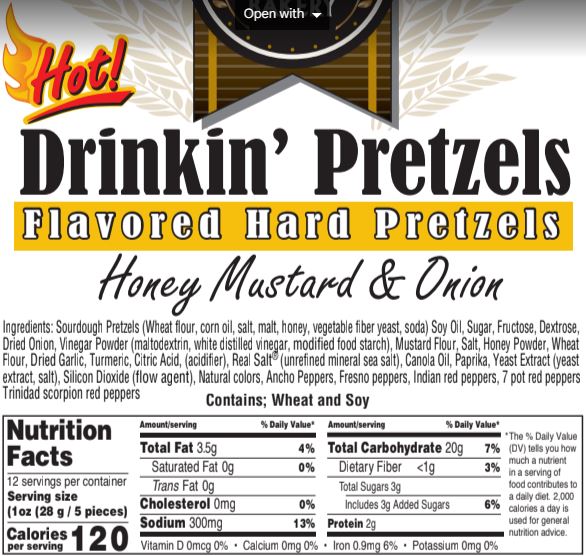Hot Honey Mustard & Onion Sourdough Pretzel Bites, 12 oz ingredient, allergen, and Nutrition Facts label