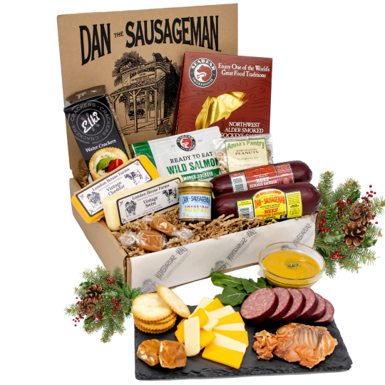 Chinook gift box with sausage, salmon, cheese and snacks in a holiday display; board not included