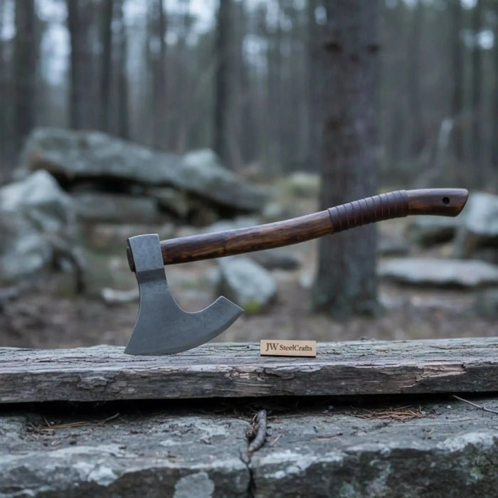 Handmade Damascus Steel Bearded Viking Axe with Hardwood Handle – Custom Forged Norse Camp Axe | JW SteelCrafts