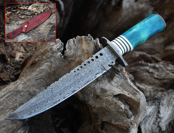 Custom Handmade 13" Damascus Steel Civil War Bowie Knife with Camel Bone Handle and Leather Sheath