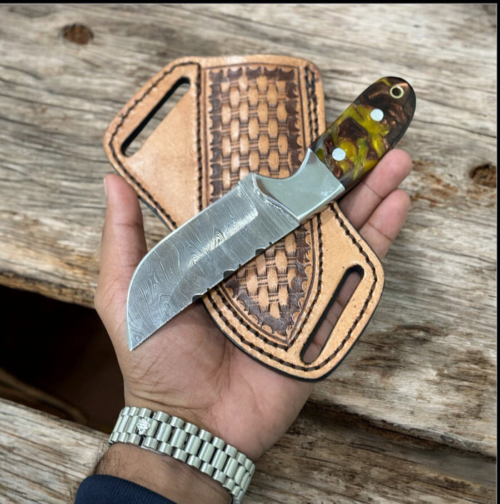 Handmade Cowboy Belt Knife – Rasp Steel Blade with Buffalo Horn Handle & Leather Sheath