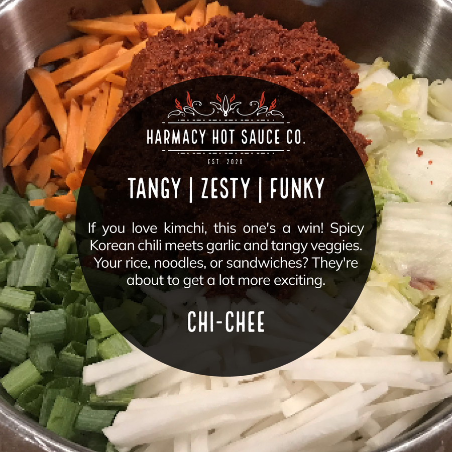 Chi-Chee kimchi flavor card over chopped vegetables
