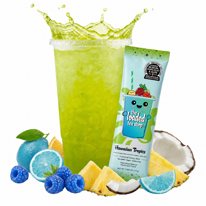 Hawaiian Tropics loaded tea mix in piña colada and sour blue flavor