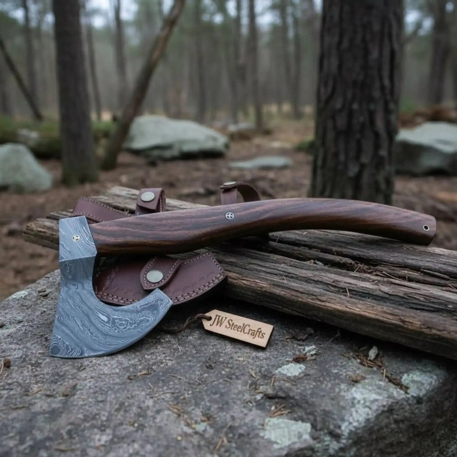Damascus Camping Axe with Curved Rosewood Handle – Hand Forged Bushcraft Axe with Leather Sheath | JW SteelCrafts