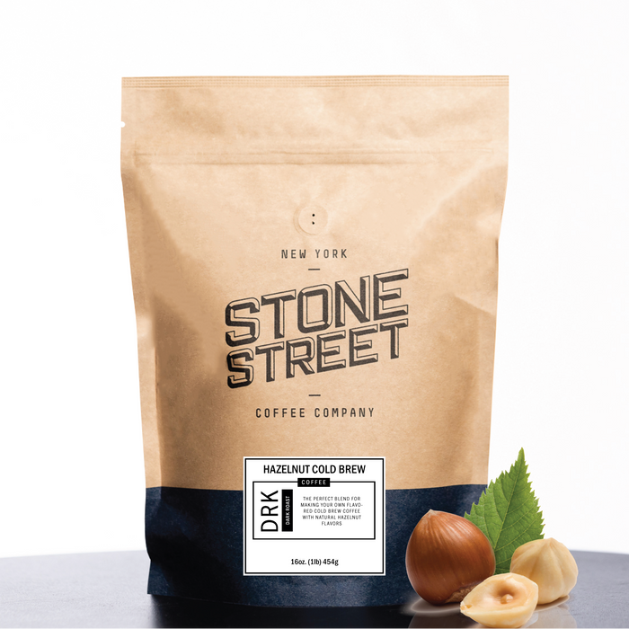 Front of the Stone Street Hazelnut Cold Brew coffee bag with its product label visible