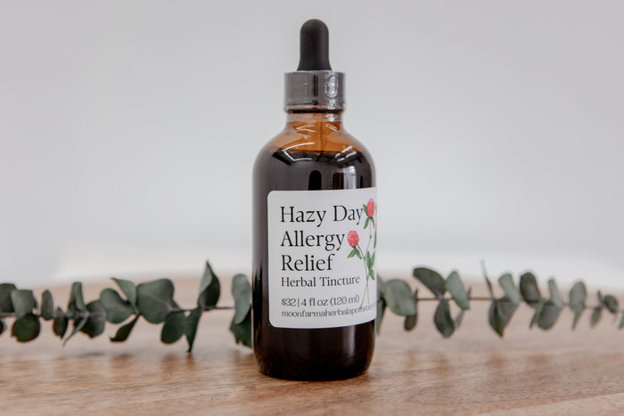 Amber Hazy Day herbal tincture bottle with a dropper cap