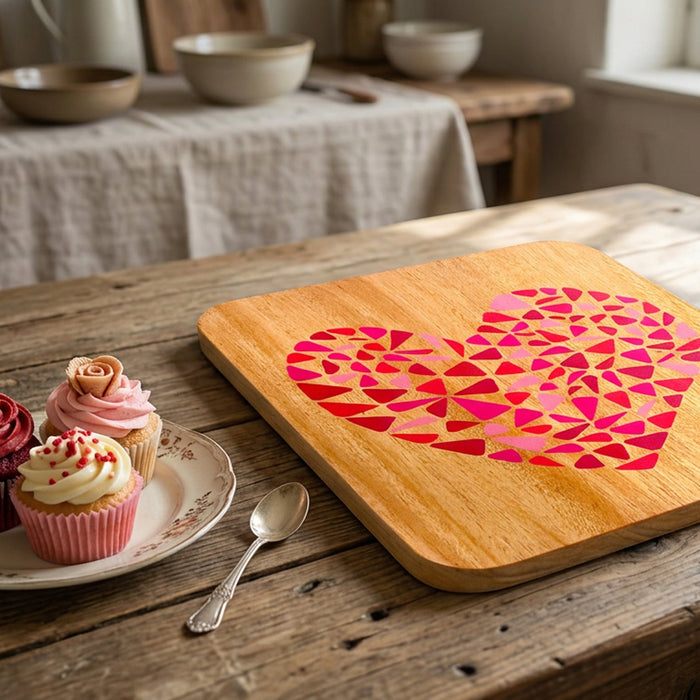 Maple wood heart-print serving board styled with small desserts