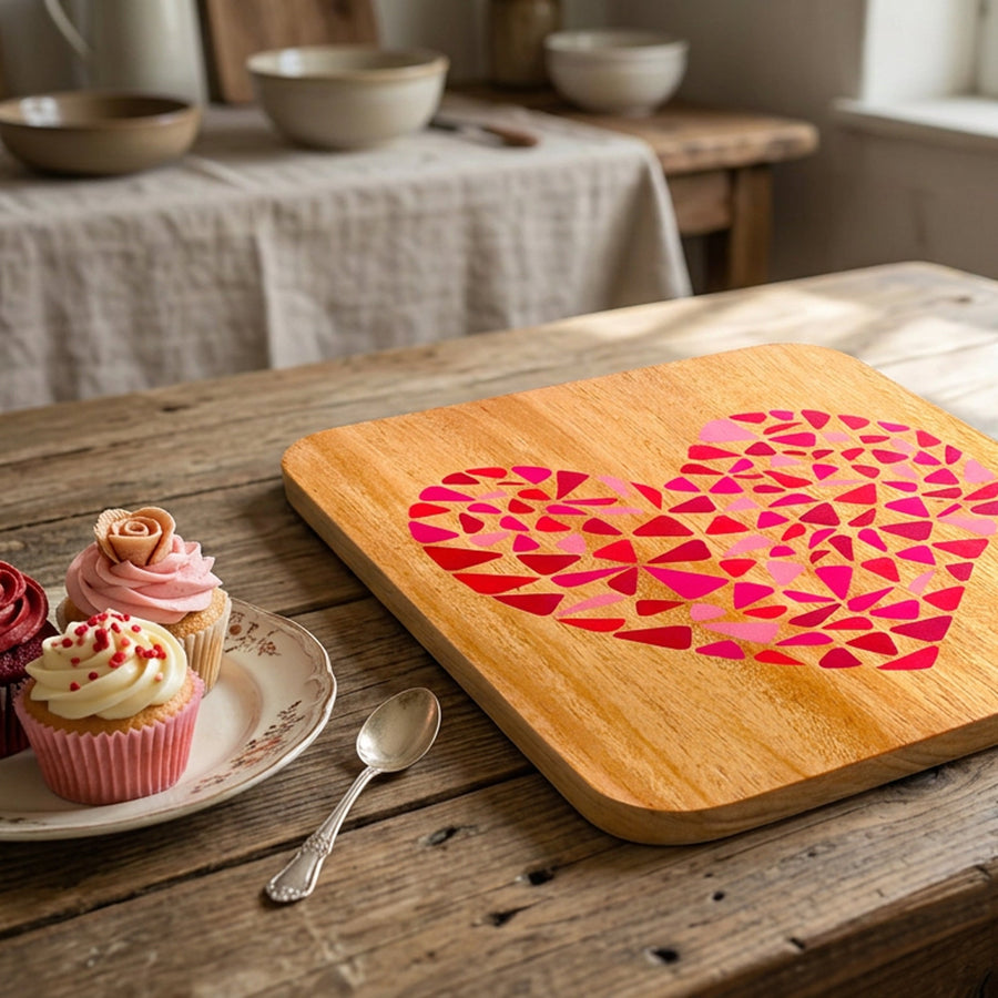Maple wood heart-print serving board styled with small desserts