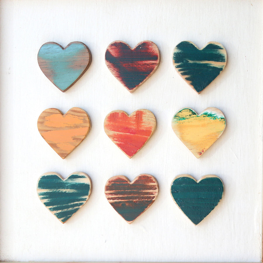 Heart Grid art print showing a three-by-three arrangement of colorful hearts Design shown: Joyful Hues.