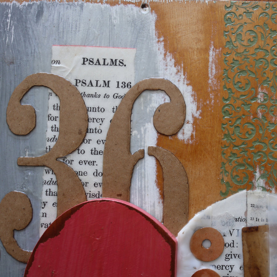 His Love Endures Forever collage art print with hearts, lettering, and vintage paper imagery.