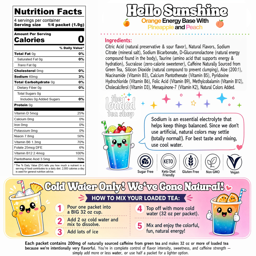 Hello Sunshine loaded tea nutrition and ingredient label
