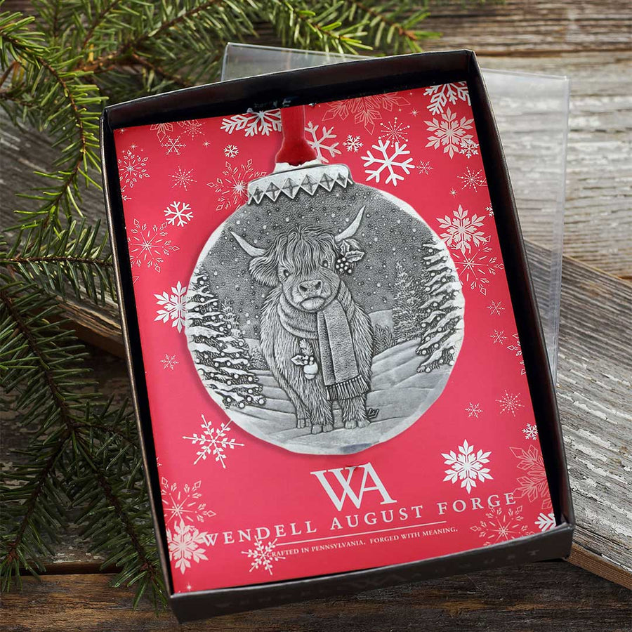 Gift packaging display for Holiday Highland Cow Christmas Ornament