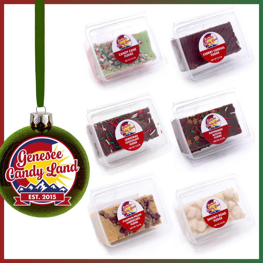 Holiday fudge assortment showing six clamshell packages
