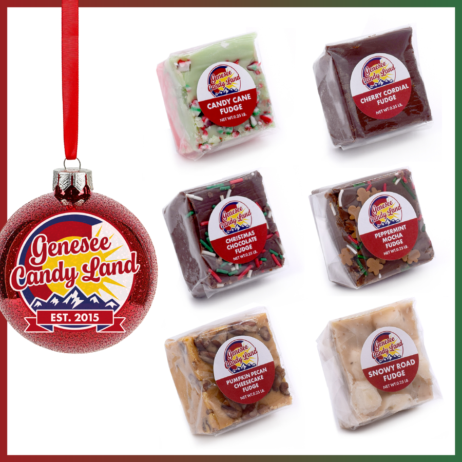 Holiday fudge assortment showing six wrapped quarter-pound slices