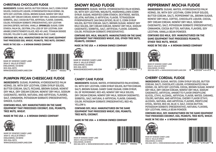 Holiday Fudge Variety Box – 6 Festive Flavors ingredient and allergen labels for included varieties