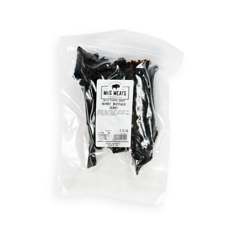 Honey Buffalo Jerky, clear package with the product label