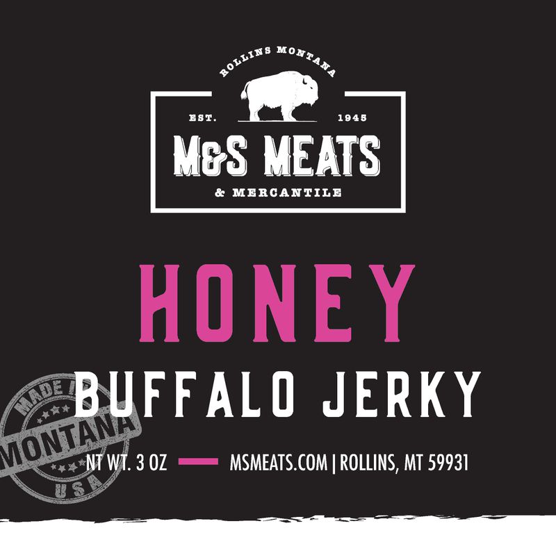 Honey Buffalo Jerky, Honey Buffalo label artwork showing a 3 oz example