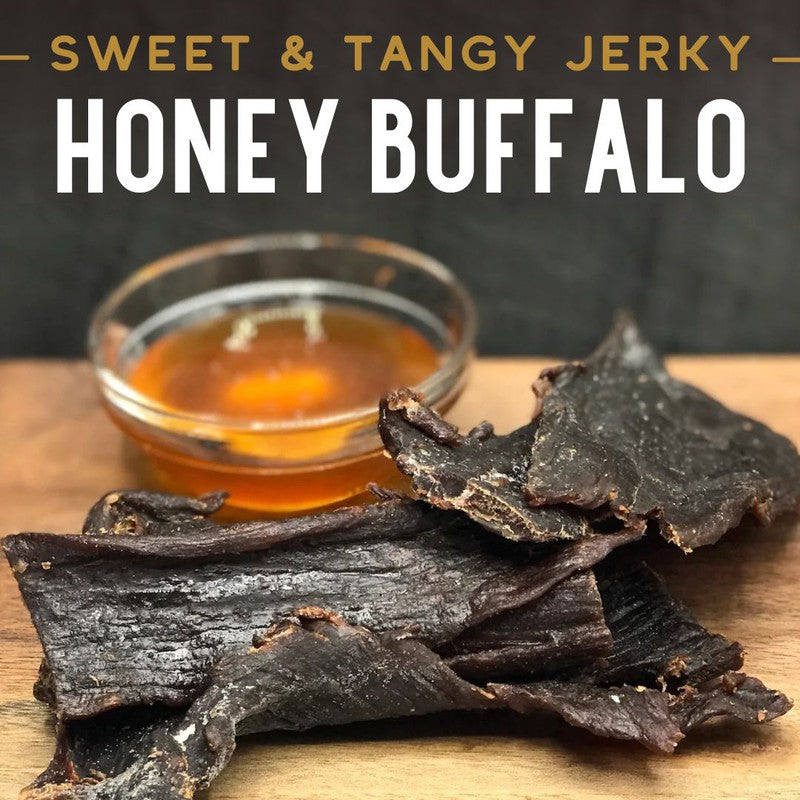 Honey Buffalo Jerky, promotional photo with honey and dried strips