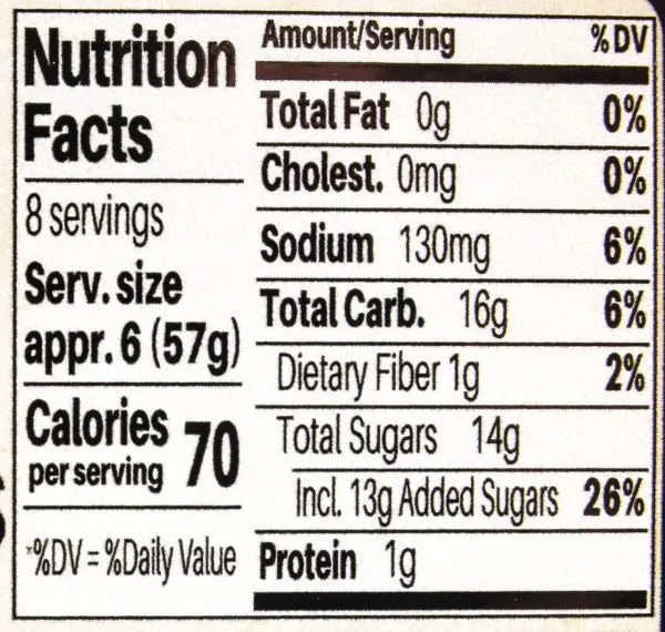 Nutrition facts label for Sweet Pickled Brussels Sprouts