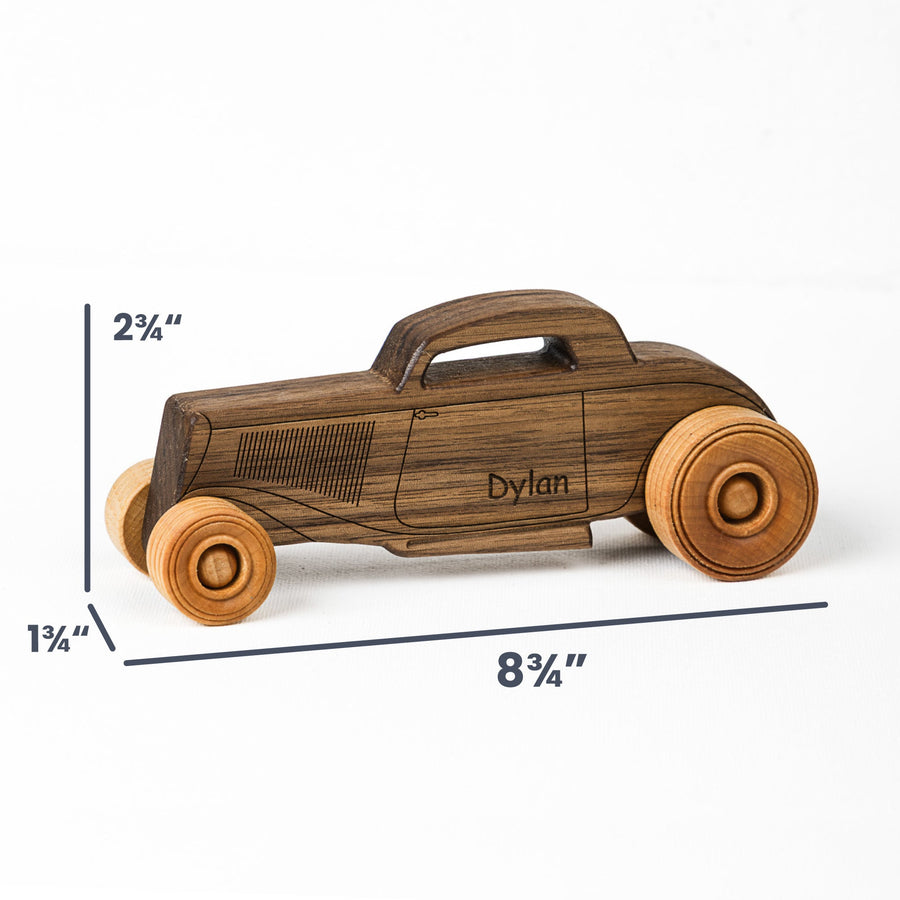 Walnut Hot Rod Wooden Toy Car, 8.75 in. with dimension annotations