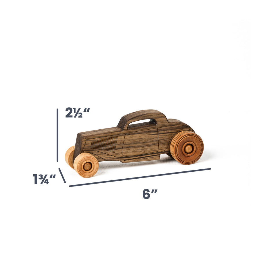 Walnut Hot Rod Wooden Toy Car, 6 in. with dimension annotations