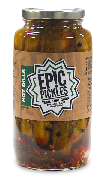 Epic Pickles Hot Dills pickle spears with peppers in a 32 oz glass jar