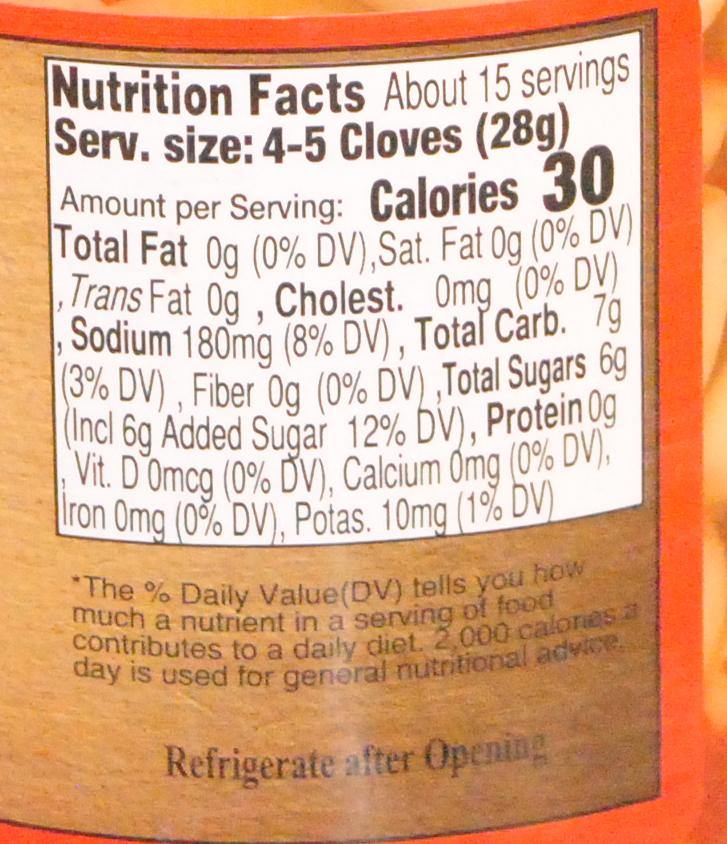Nutrition facts label for Hot Pickled Garlic