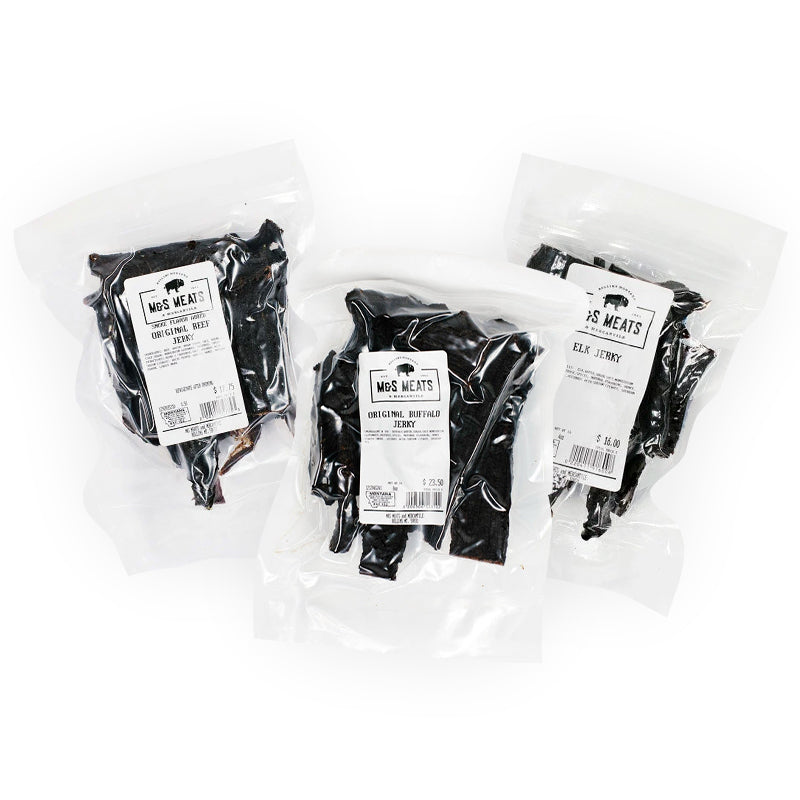 Hunter's Pack – Elk, Buffalo & Beef Jerky Sampler, three labeled jerky bags on a white background