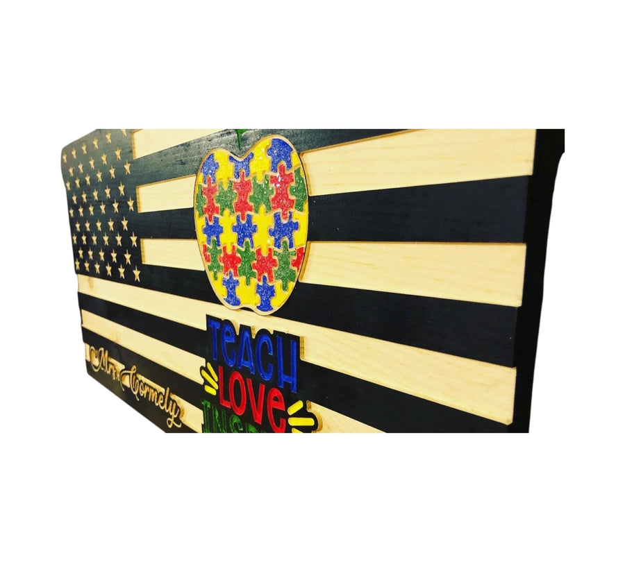 Black and natural wood personalized American flag teacher appreciation gift
