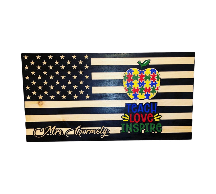 Teacher wooden flag with colorful puzzle apple and Teach Love Inspire engraving