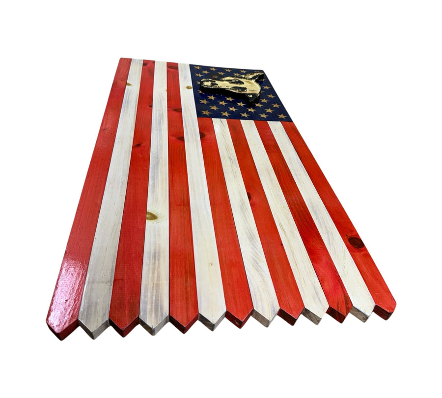 Custom wooden American flag yard decoration with patriotic Stars and Stripes picket fence design