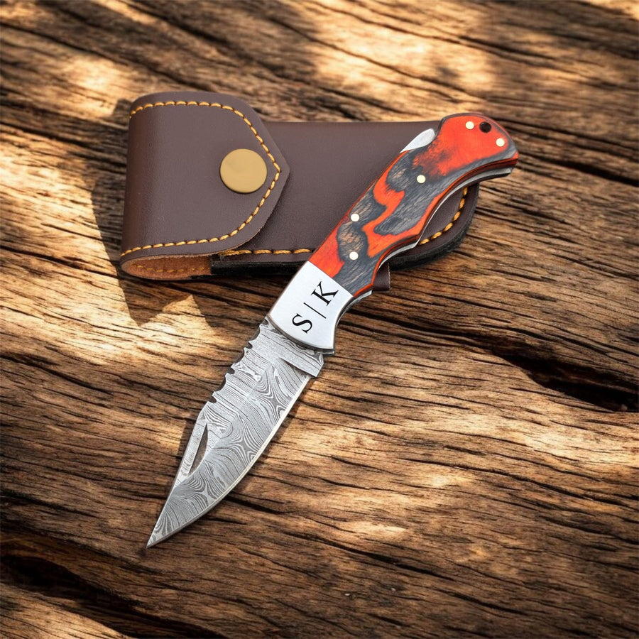 Handmade Damascus Steel Pocket Knife – Pakka Wood Handle Folding Knife with Leather Sheath