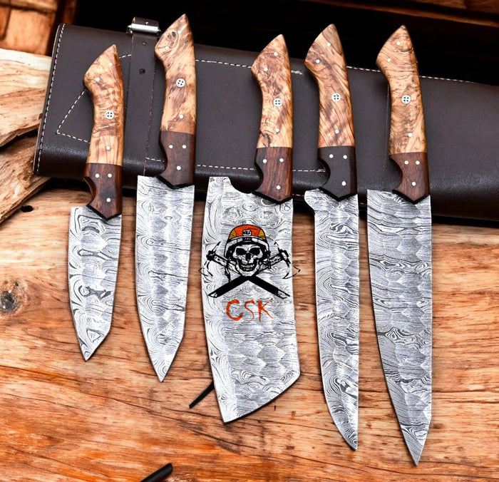 Handmade Premium 5Pcs Damascus Knife Set with Olivewood Handles