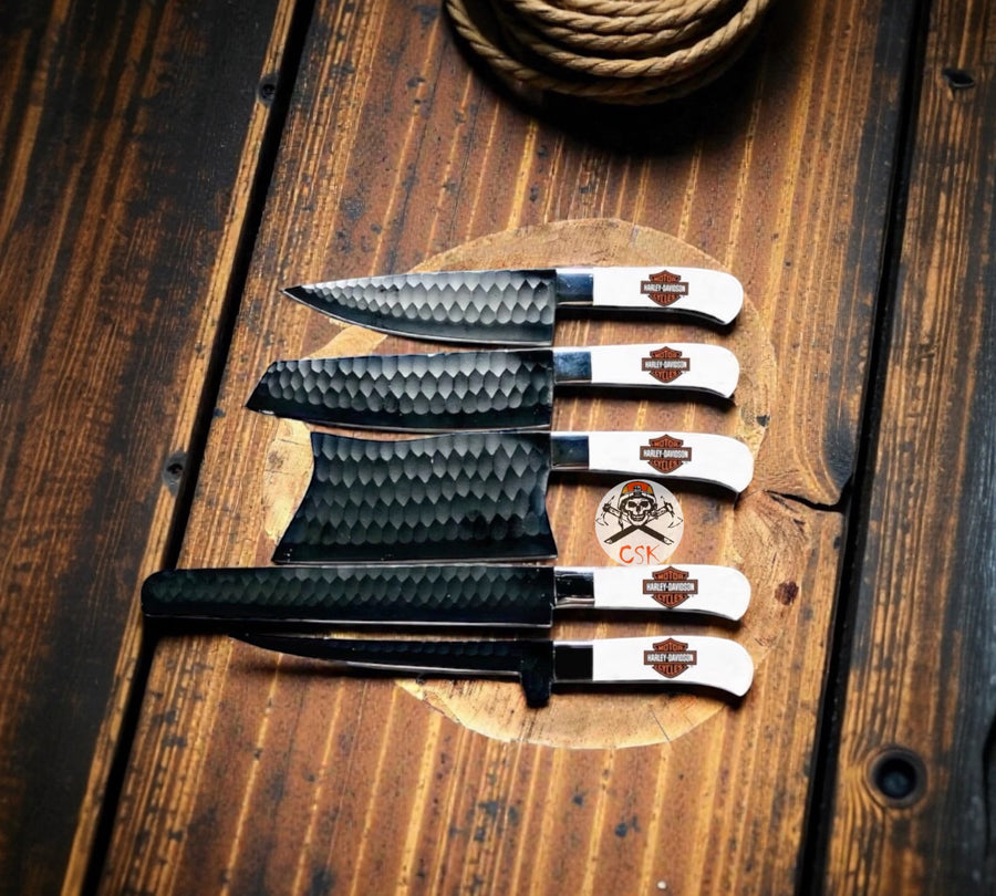 Harley‑Style Biker Forged D2 Steel 5‑Piece Kitchen Knife Set — Powder‑Coated Blades for Outdoor BBQ & Camping