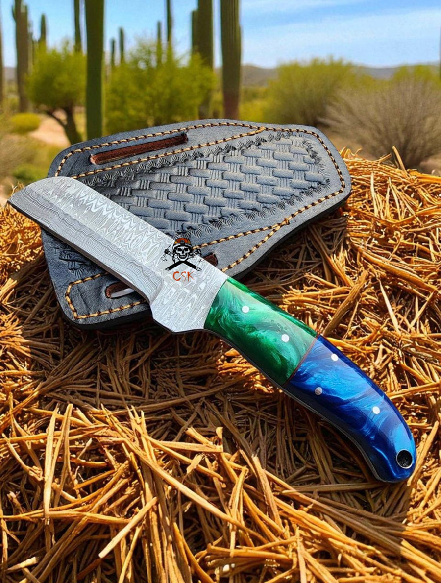 7.5” Handmade Damascus Steel Cowboy Bull Cutter Knife - Green Blue Epoxy Resin Handle - Belt Sheath