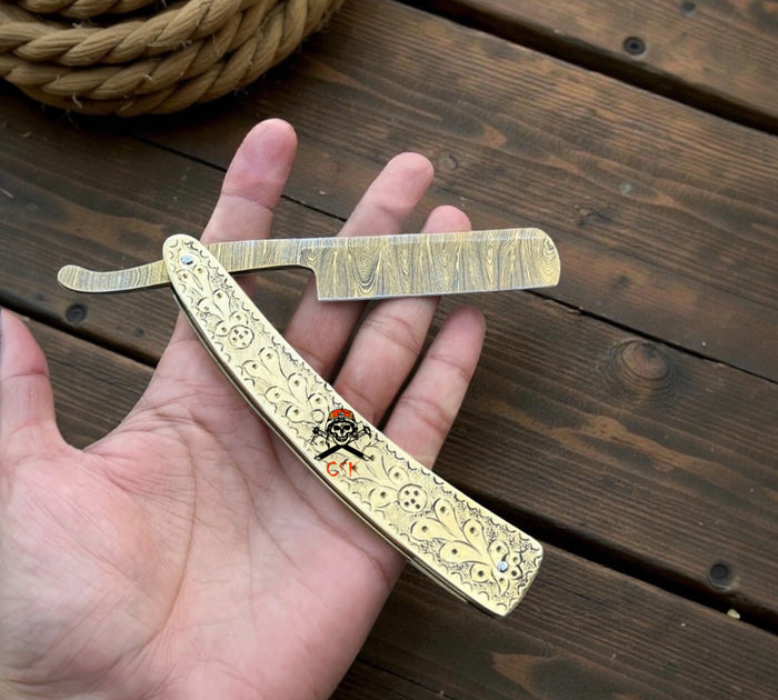 Damascus Steel Straight Razor - Handmade Brass Engraved Barber Razor