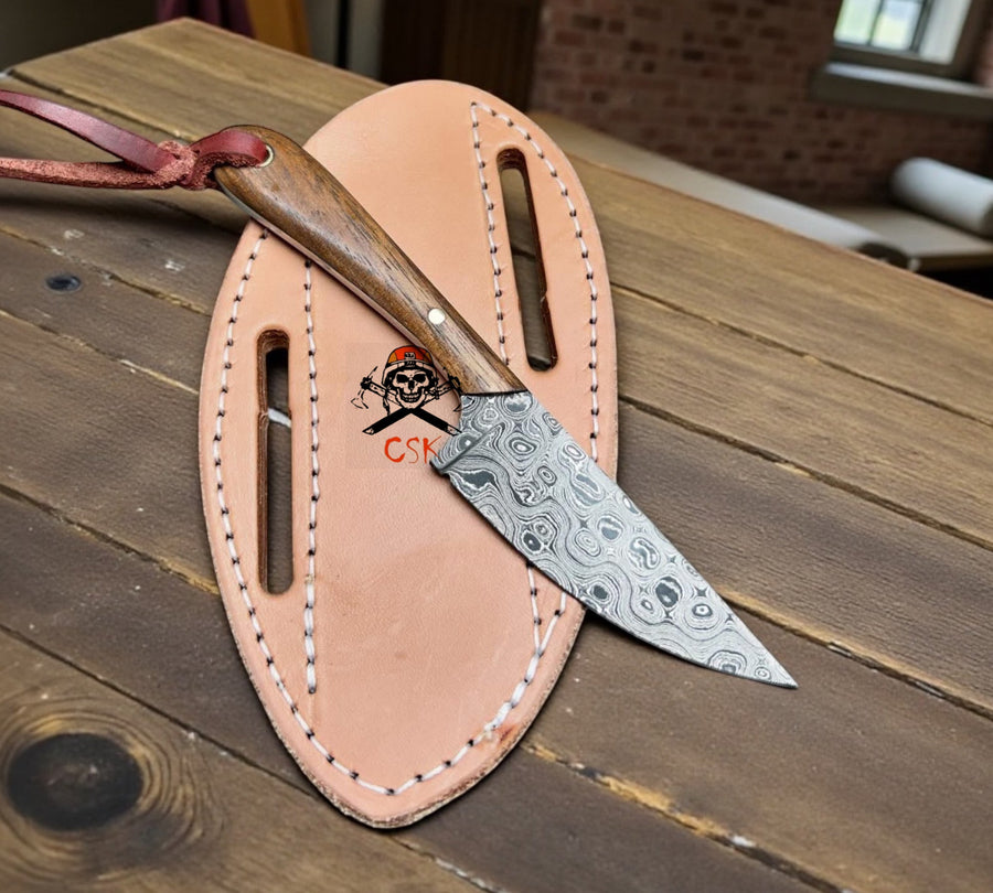 Handmade Buckaroo Belt Knife – 3.5” Raindrop Damascus Blade with Pancake Leather Pouch