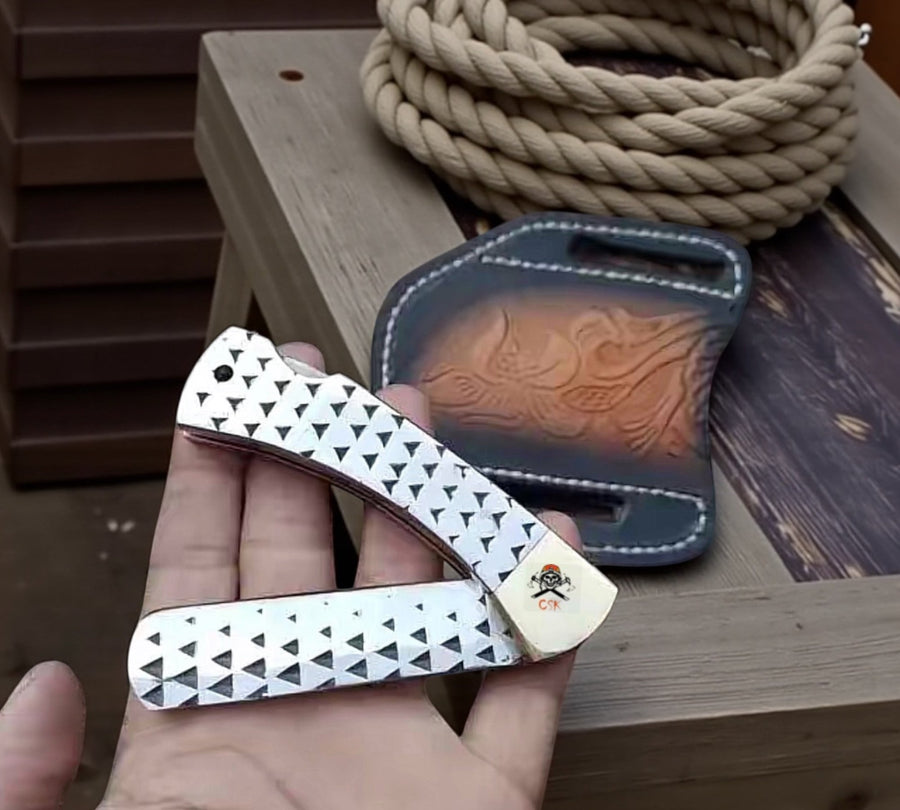Handmade Cowboy Pocket Knife - 3” Farrier Rasp Blade Belt Sheath