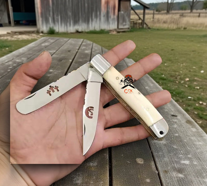 Traditional Cowboy Trapper Pocket Knife - 3.5” Folding Blade with Bone Handle